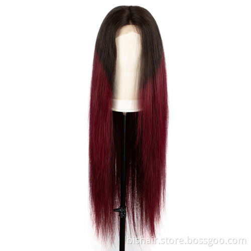BIS Wholesale T1/99J Colored Straight Lace Front Wigs For Women with Burgundy Colored Brazilian Human Hair 4X4 Lace Closure Wigs